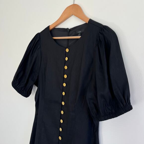 J. Crew NWT Stretch Viscose Linen Blend Gold Button Front Puff Sleeve Mini Dress - Picture 5 of 12